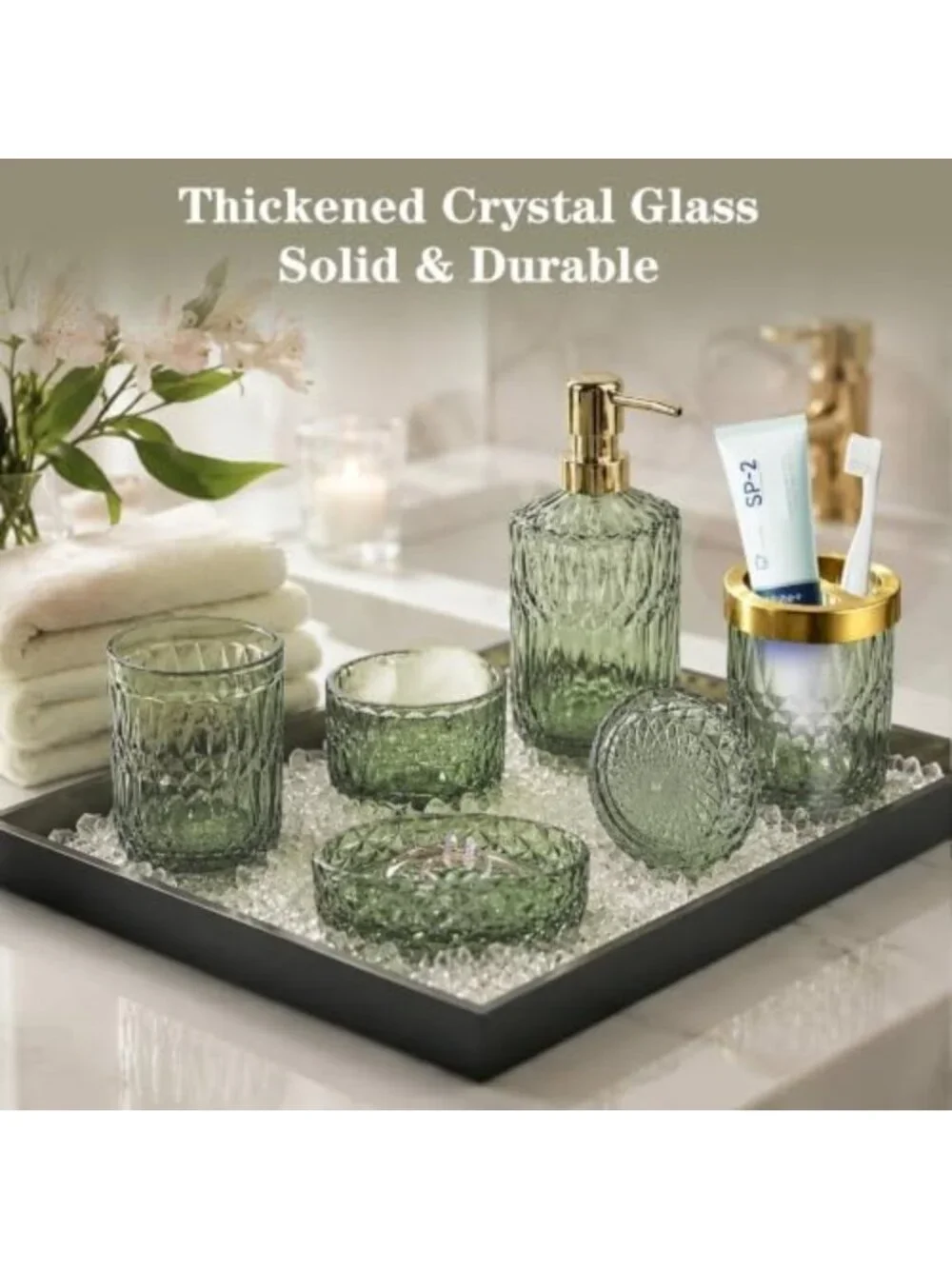 5-Piece Green Bathroom Accessories Set - Glass Dispenser, Soap Dish, Toothbrush